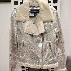 Tommy Hilfiger Shimmering Silver Leather Jacket with Cream Collar